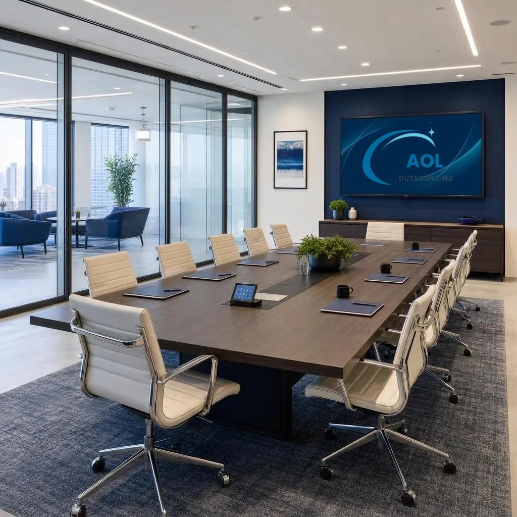 AOL Outsourcing conference room with the company logo displayed on the presentation screen